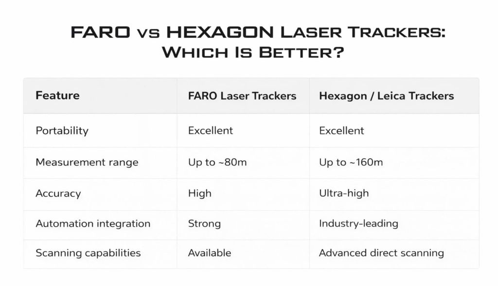 FARO vs Hexagon: Comparison of Top-Rated Laser Trackers for Precision Measurement FARO vs Hexagon comparison table showing features of top-rated laser trackers used in laser tracker metrology and industrial laser tracking systems.