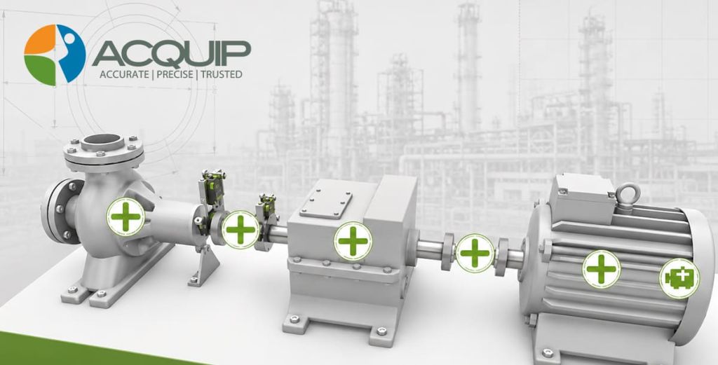 Machine Train Alignment Setup for Pump, Gearbox, and Motor | Precision Shaft Alignment 3D machine train alignment setup showing pump, gearbox, and electric motor with precision shaft alignment measurement points used for rotating equipment alignment and machinery reliability improvement.